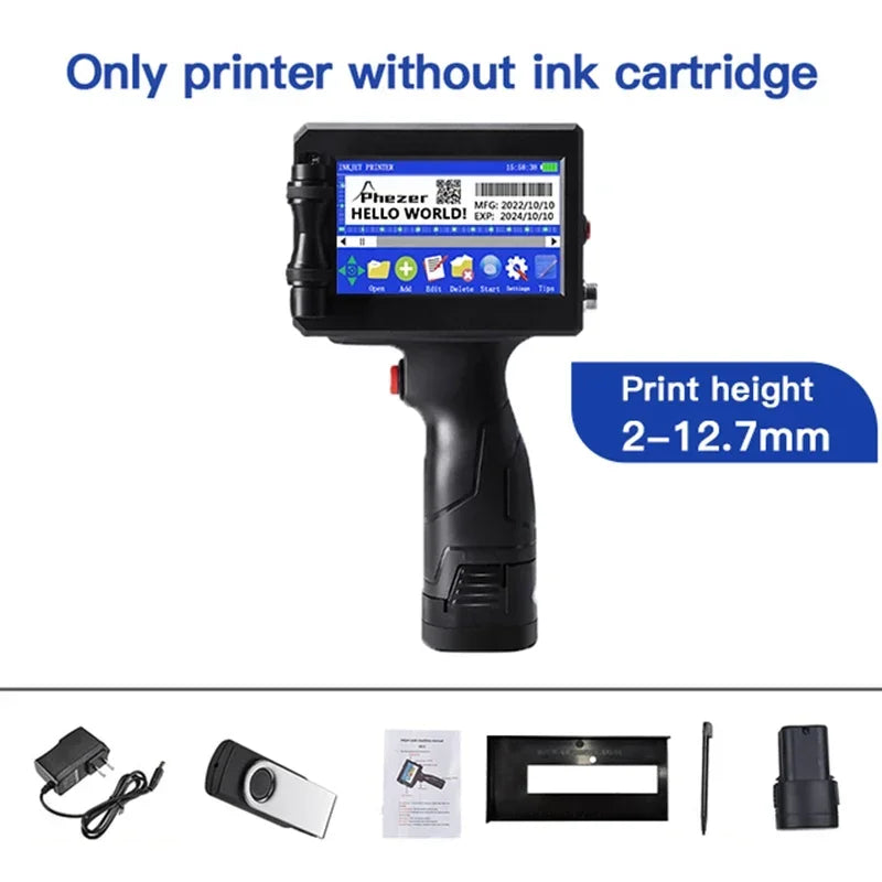 Phezer Handheld Inkjet Label Printer - 12.7/25.4mm, QR Code, Batch Code, Date, Logo, Expiry Date, Portable Coding Machine - 02ALABA