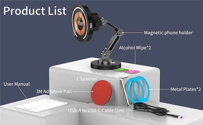 Magnetic Car Wireless Charger Stand, Magnet Car Mount, Fast Charging Station, Phone Holder Bracket for iPhone 15, 14, 13, 12 Pro Max - 02ALABA