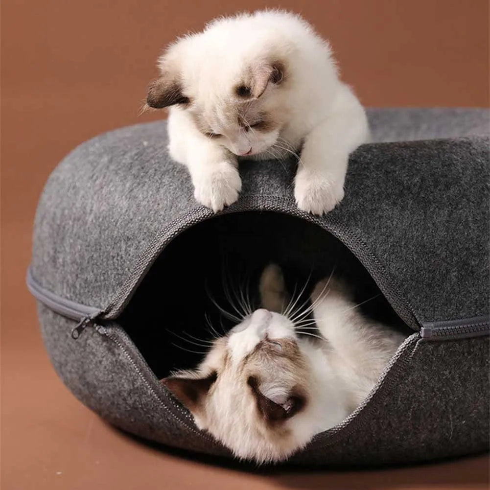 Donut Cat Tunnel Bed: Natural Felt Pet House and Interactive Play Cave for Cats and Small Dogs - 02ALABA