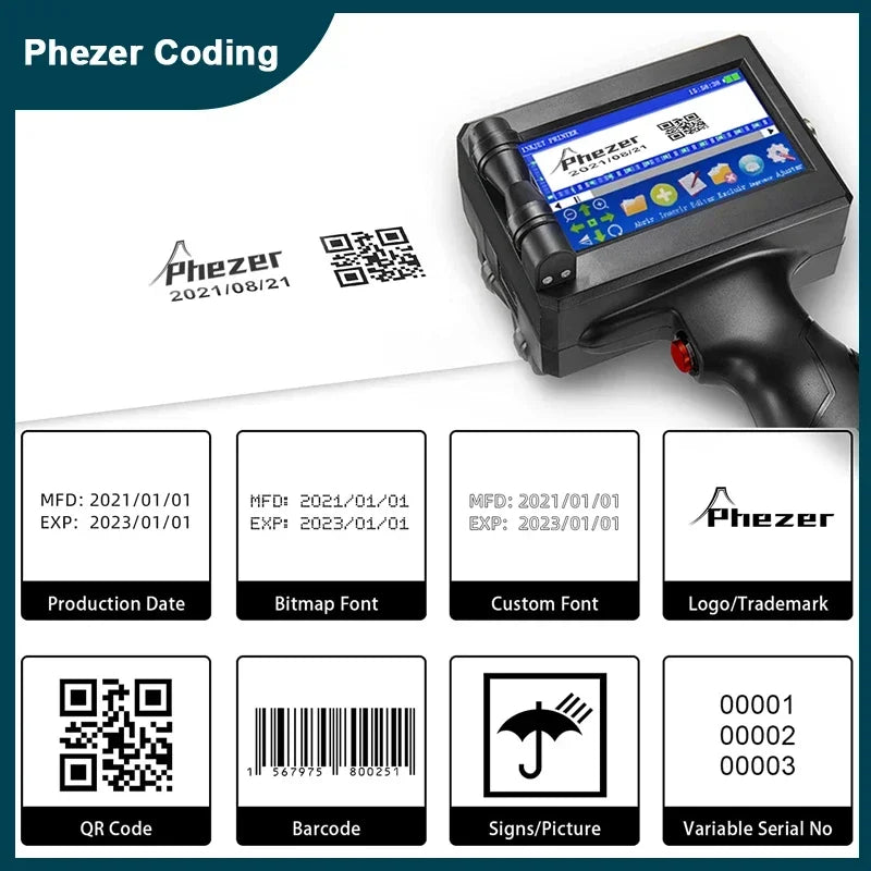 Phezer Handheld Inkjet Label Printer - 12.7/25.4mm, QR Code, Batch Code, Date, Logo, Expiry Date, Portable Coding Machine - 02ALABA