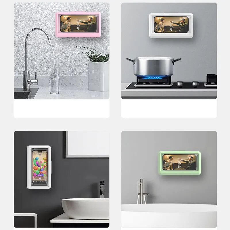 Bathroom Waterproof Phone Holder Home Wall Phone Case Stand Box Self-adhesive Touch Screen Phone Bracket Shower Sealing Storage - 02ALABA