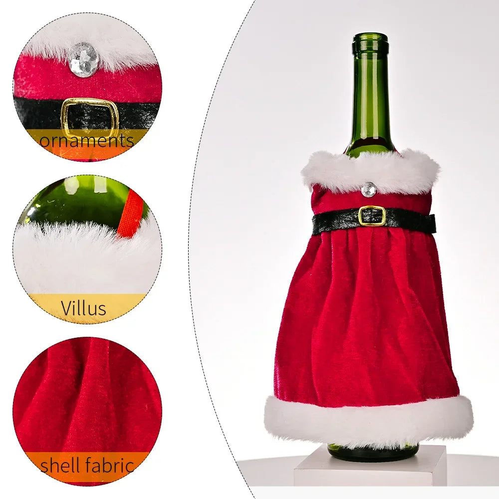 2024 Christmas Wine Bottle Cover Set, Golden Velvet Dress and Cap, Wine Bottle Bag Sleeve for Xmas and New Year Dinner Table Decoration. - 02ALABA