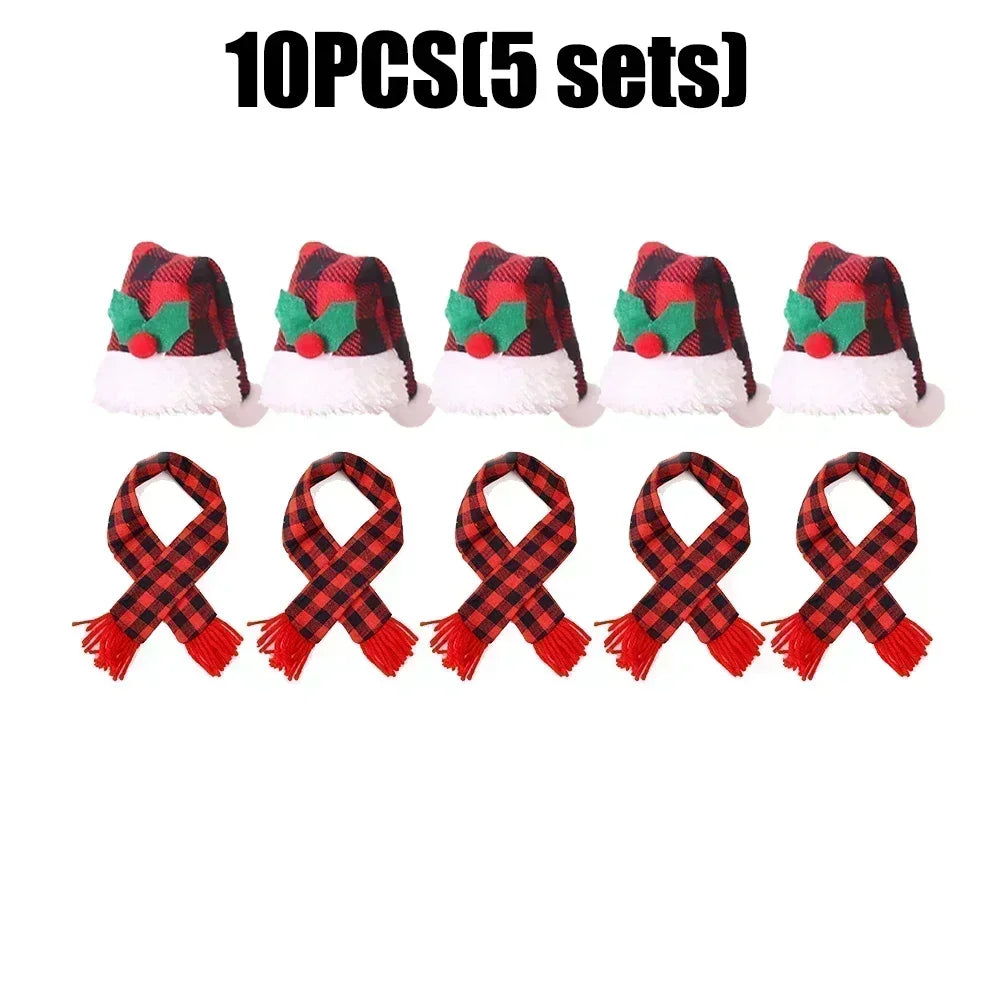 Christmas Wine Bottle Cover Caps, Red and Green Xmas Hat and Scarf Sets, Home Ornament, Festival Party Tableware Decoration Supplies - 02ALABA