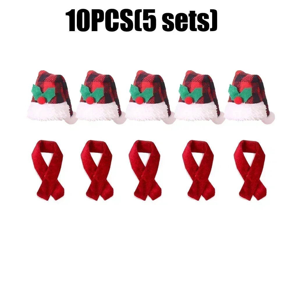 Christmas Wine Bottle Cover Caps, Red and Green Xmas Hat and Scarf Sets, Home Ornament, Festival Party Tableware Decoration Supplies - 02ALABA