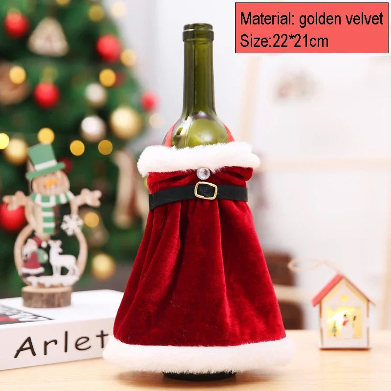 2024 Christmas Wine Bottle Cover Set, Golden Velvet Dress and Cap, Wine Bottle Bag Sleeve for Xmas and New Year Dinner Table Decoration. - 02ALABA