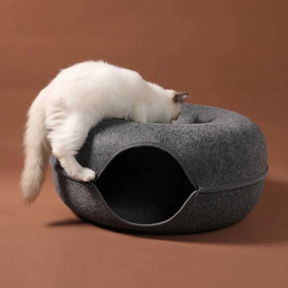 Donut Cat Tunnel Bed: Natural Felt Pet House and Interactive Play Cave for Cats and Small Dogs - 02ALABA