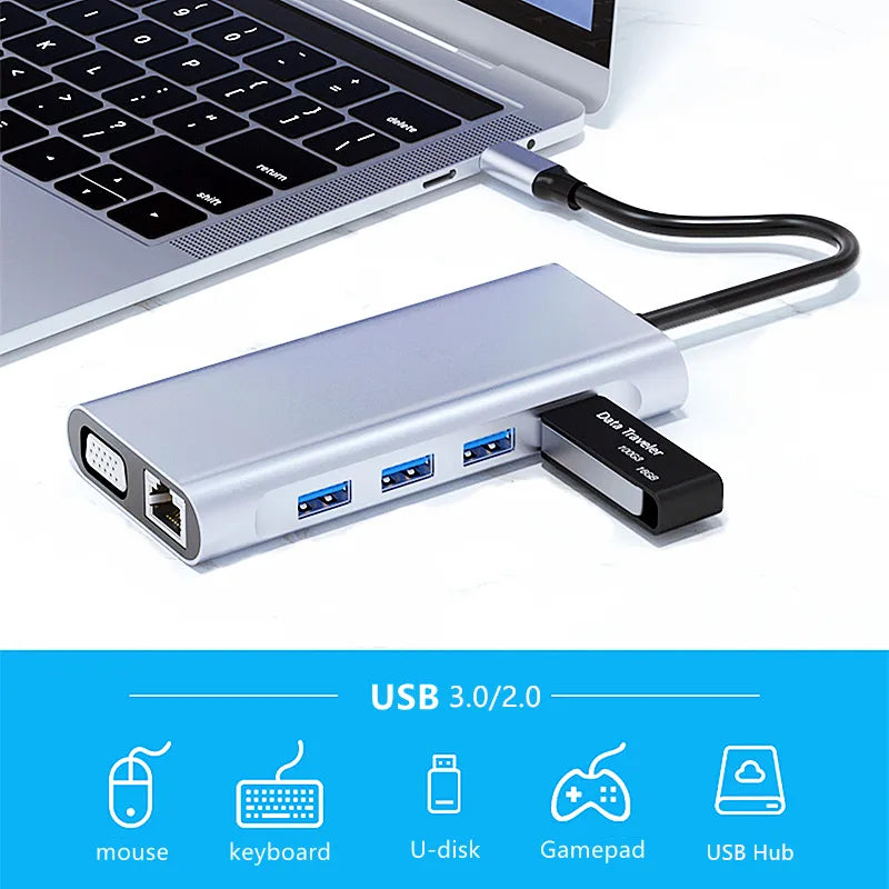 Rankman USB Type C Hub to RJ45 4K HDMI-Compatible VGA SD TF USB 3.0 2.0 PD Dock for MacBook iPad Samsung S21 Dex PS5 Nintendo - 02ALABA
