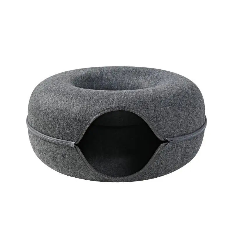 Donut Cat Tunnel Bed: Natural Felt Pet House and Interactive Play Cave for Cats and Small Dogs - 02ALABA