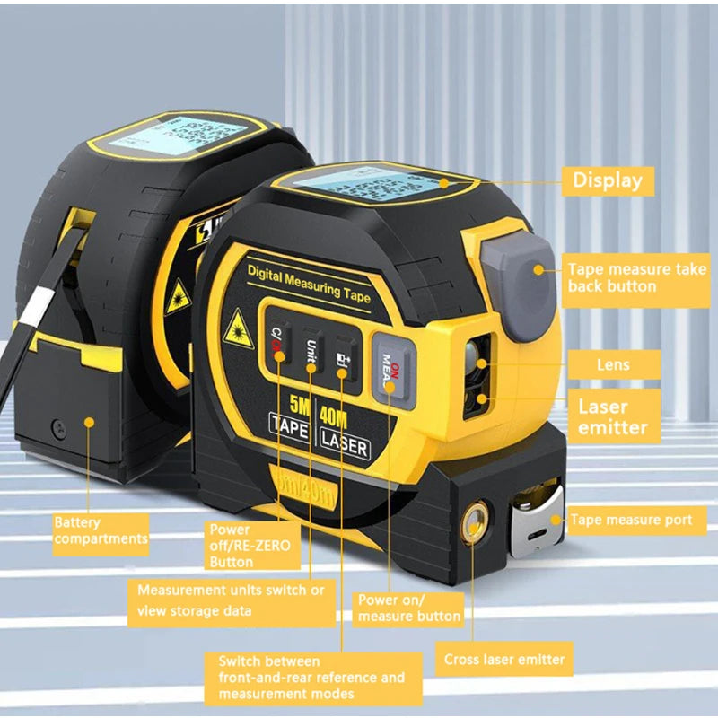 3 In 1 Laser Tape Measure Rangefinder, High-Intelligent Electronic Ruler Cross Line Measuring Tools - 02ALABA