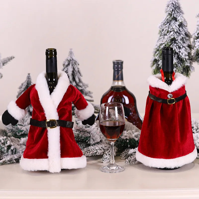 2024 Christmas Wine Bottle Cover Set, Golden Velvet Dress and Cap, Wine Bottle Bag Sleeve for Xmas and New Year Dinner Table Decoration. - 02ALABA