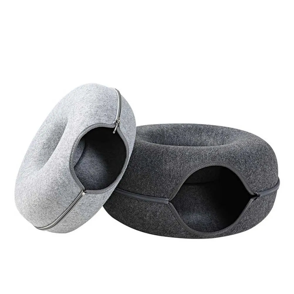 Donut Cat Tunnel Bed: Natural Felt Pet House and Interactive Play Cave for Cats and Small Dogs