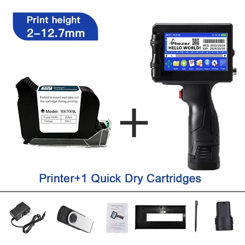 Phezer Handheld Inkjet Label Printer - 12.7/25.4mm, QR Code, Batch Code, Date, Logo, Expiry Date, Portable Coding Machine - 02ALABA