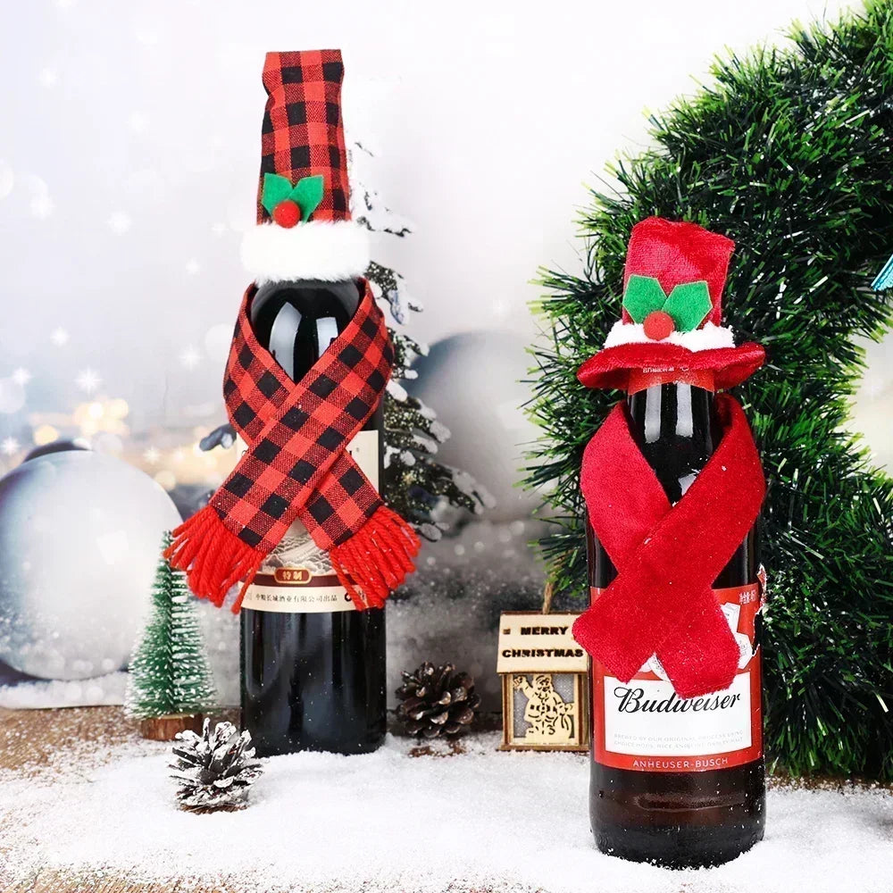 Christmas Wine Bottle Cover Caps, Red and Green Xmas Hat and Scarf Sets, Home Ornament, Festival Party Tableware Decoration Supplies - 02ALABA