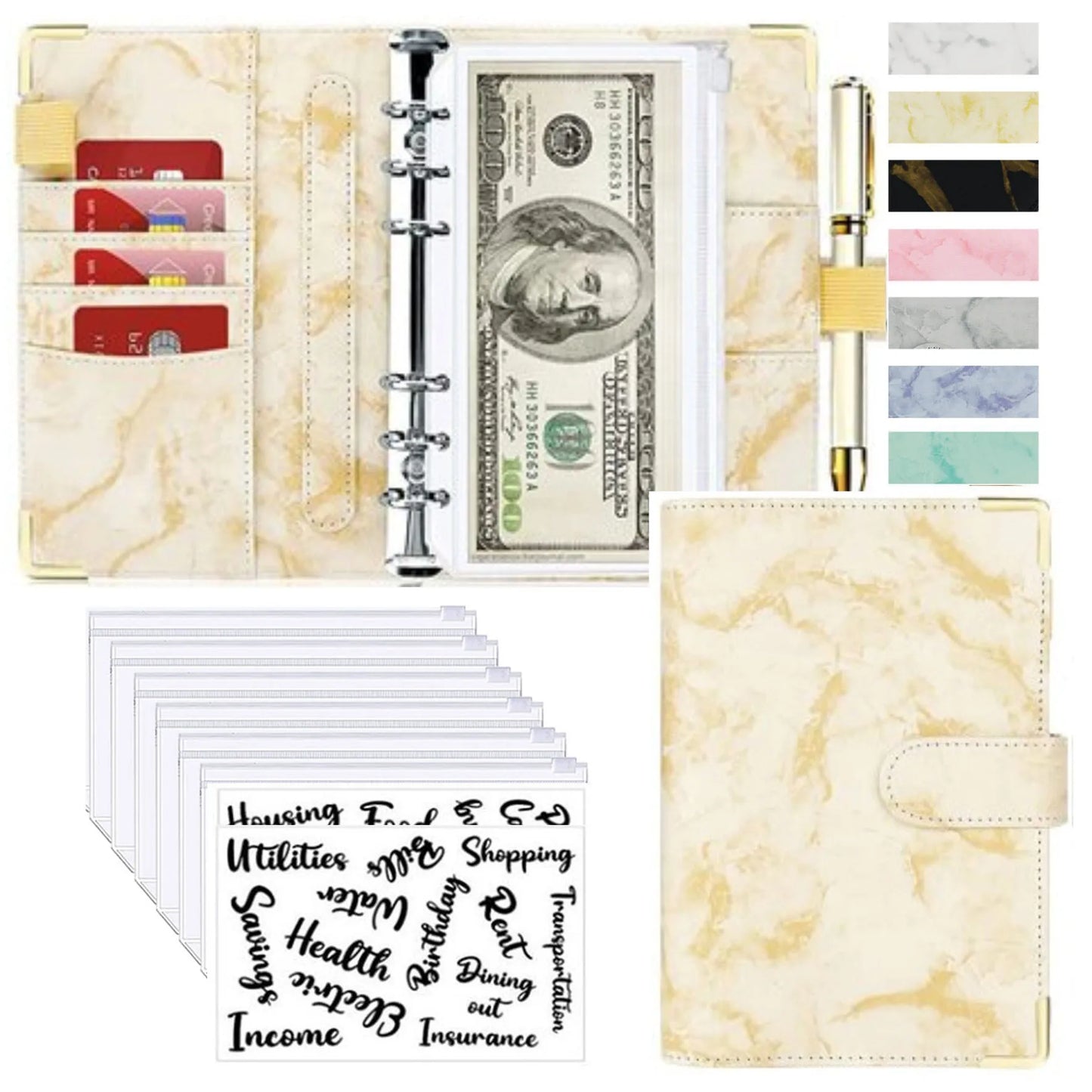 A6 Money Saving Organizer PU Leather Budget Binder Marble Notebook Budgets Planner 2023 Envelope Office School Supplies