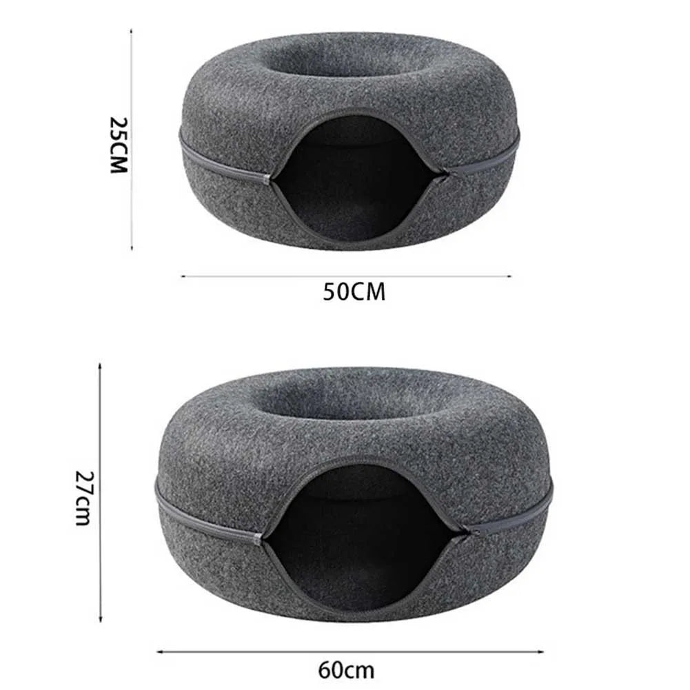 Donut Cat Tunnel Bed: Natural Felt Pet House and Interactive Play Cave for Cats and Small Dogs - 02ALABA