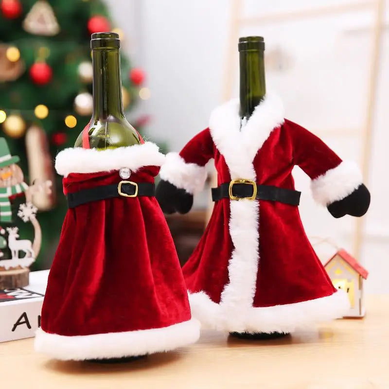 2024 Christmas Wine Bottle Cover Set, Golden Velvet Dress and Cap, Wine Bottle Bag Sleeve for Xmas and New Year Dinner Table Decoration. - 02ALABA