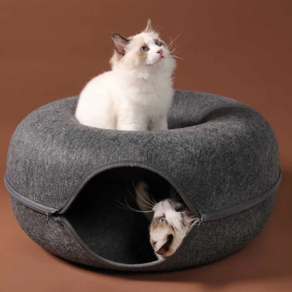 Donut Cat Tunnel Bed: Natural Felt Pet House and Interactive Play Cave for Cats and Small Dogs - 02ALABA