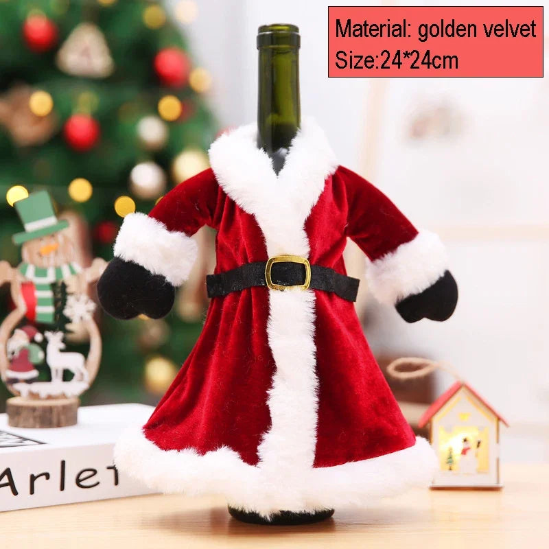 2024 Christmas Wine Bottle Cover Set, Golden Velvet Dress and Cap, Wine Bottle Bag Sleeve for Xmas and New Year Dinner Table Decoration. - 02ALABA