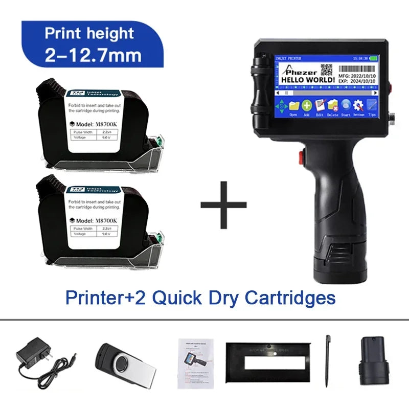 Phezer Handheld Inkjet Label Printer - 12.7/25.4mm, QR Code, Batch Code, Date, Logo, Expiry Date, Portable Coding Machine - 02ALABA