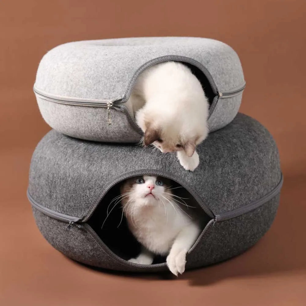 Donut Cat Tunnel Bed: Natural Felt Pet House and Interactive Play Cave for Cats and Small Dogs - 02ALABA