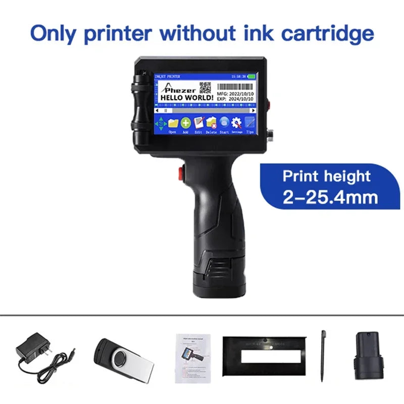 Phezer Handheld Inkjet Label Printer - 12.7/25.4mm, QR Code, Batch Code, Date, Logo, Expiry Date, Portable Coding Machine - 02ALABA