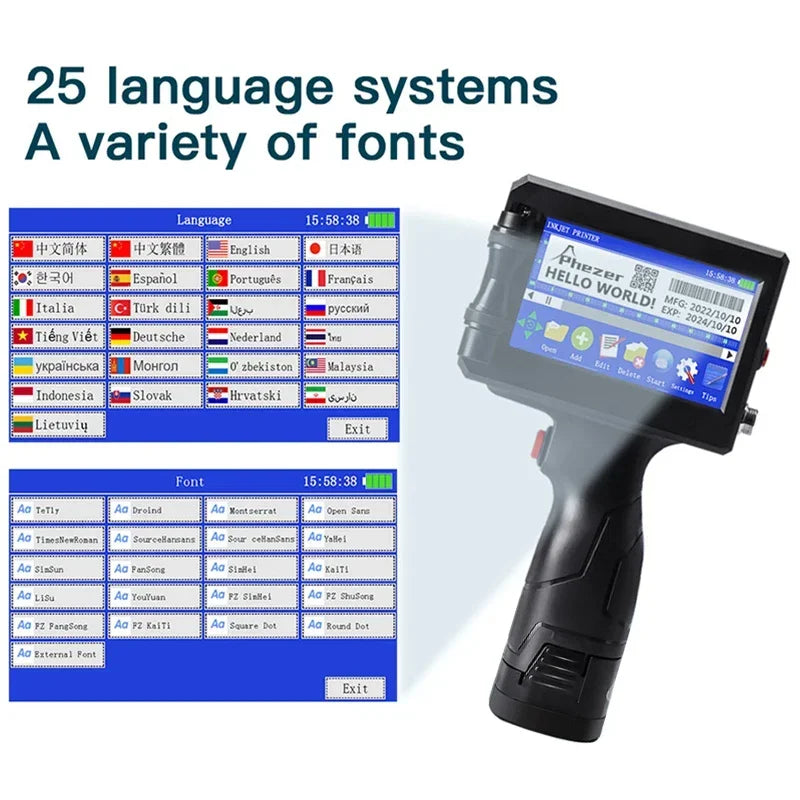 Phezer Handheld Inkjet Label Printer - 12.7/25.4mm, QR Code, Batch Code, Date, Logo, Expiry Date, Portable Coding Machine - 02ALABA