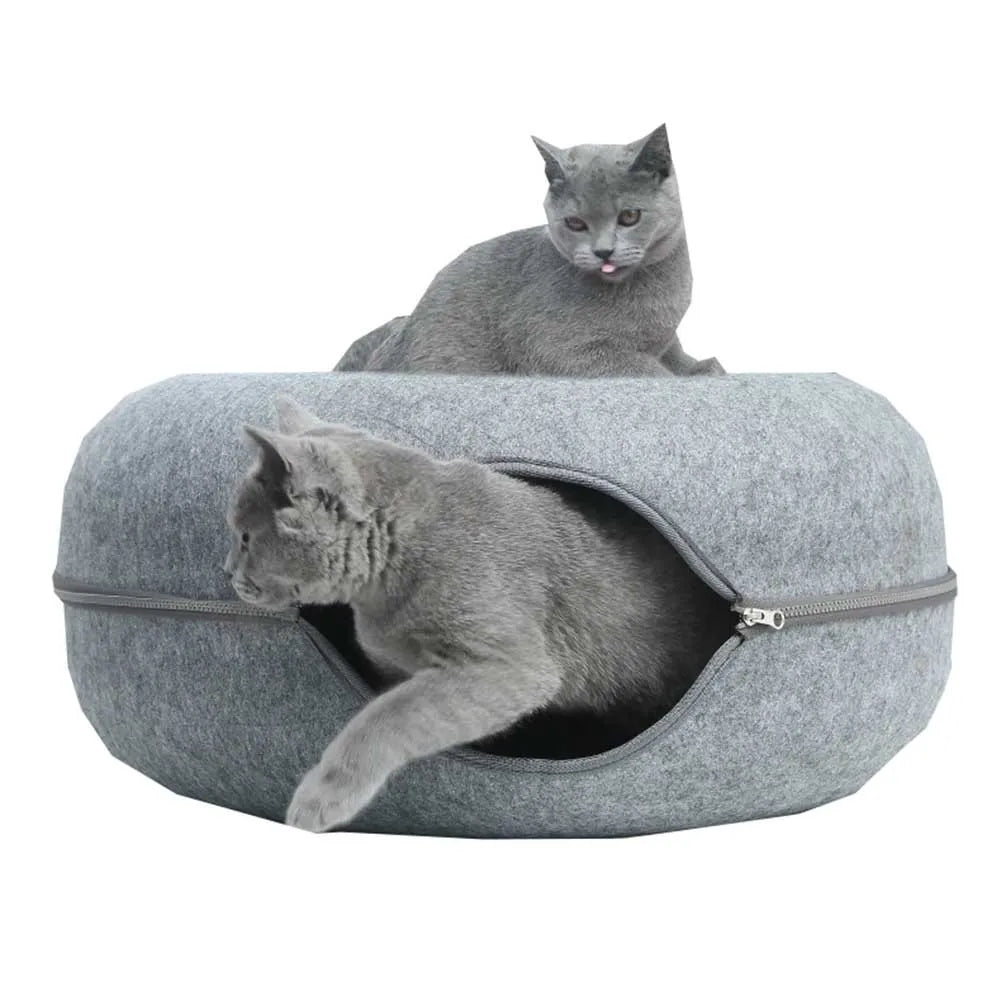 Donut Cat Tunnel Bed: Natural Felt Pet House and Interactive Play Cave for Cats and Small Dogs - 02ALABA