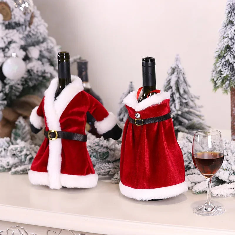 2024 Christmas Wine Bottle Cover Set, Golden Velvet Dress and Cap, Wine Bottle Bag Sleeve for Xmas and New Year Dinner Table Decoration. - 02ALABA