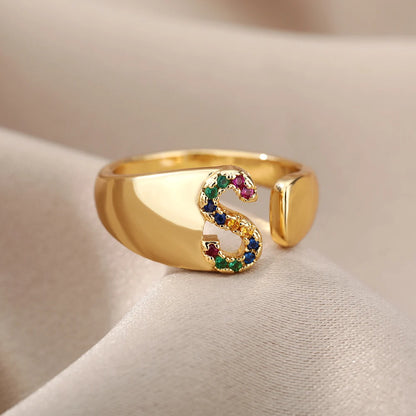 Rainbow Zircon Letter Rings For Women Fashion Chunky Wide Letter A-Z Stainless Steel Ring Wedding Boho Jewelry Gift 2024