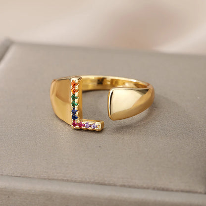 Rainbow Zircon Letter Rings For Women Fashion Chunky Wide Letter A-Z Stainless Steel Ring Wedding Boho Jewelry Gift 2024