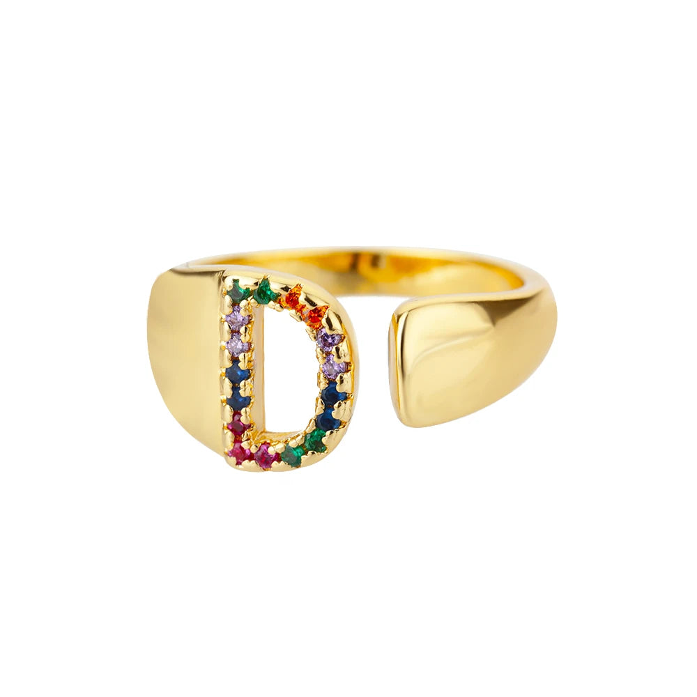 Rainbow Zircon Letter Rings For Women Fashion Chunky Wide Letter A-Z Stainless Steel Ring Wedding Boho Jewelry Gift 2024 - 02ALABA