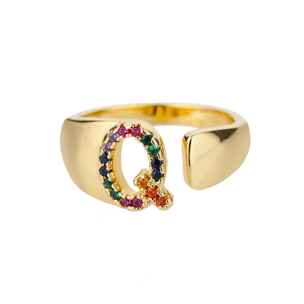 Rainbow Zircon Letter Rings For Women Fashion Chunky Wide Letter A-Z Stainless Steel Ring Wedding Boho Jewelry Gift 2024 - 02ALABA