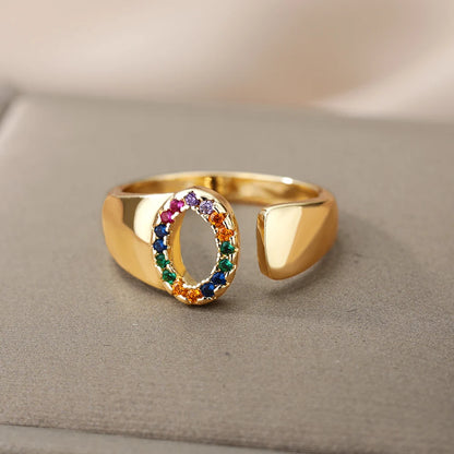 Rainbow Zircon Letter Rings For Women Fashion Chunky Wide Letter A-Z Stainless Steel Ring Wedding Boho Jewelry Gift 2024