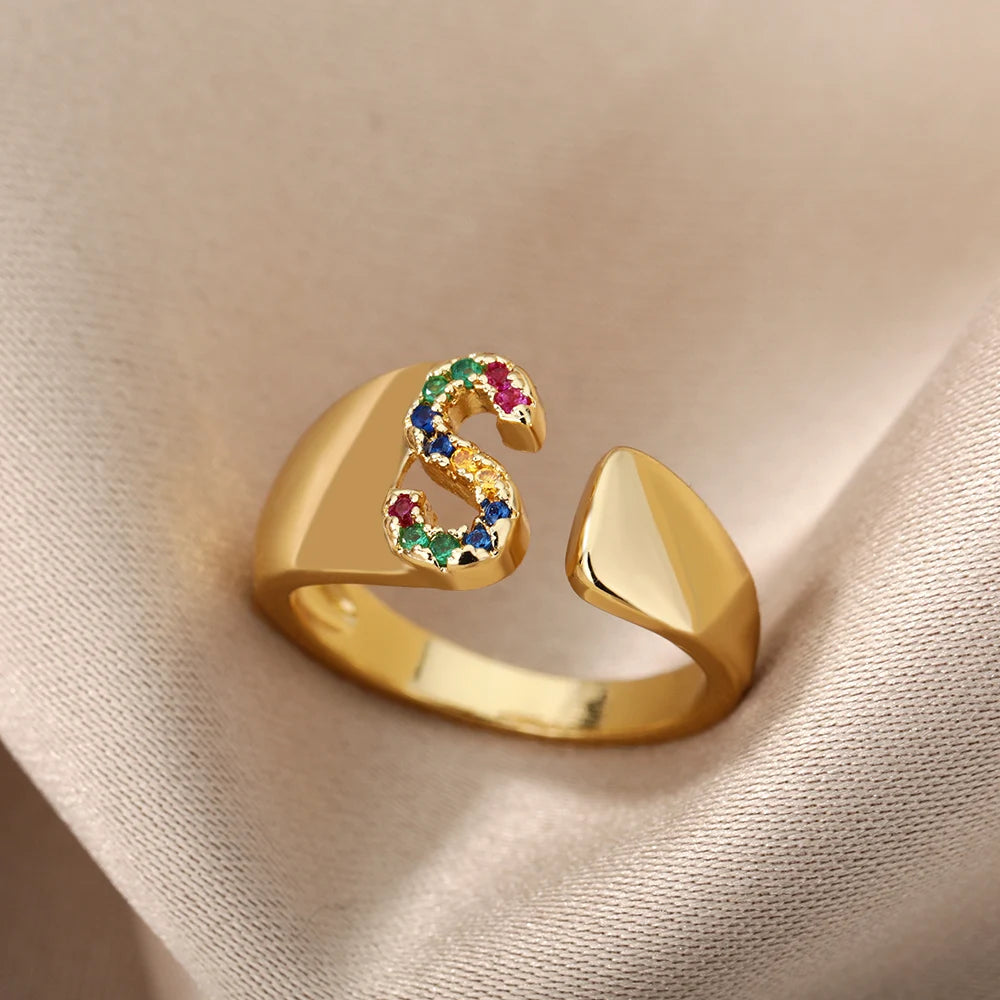Rainbow Zircon Letter Rings For Women Fashion Chunky Wide Letter A-Z Stainless Steel Ring Wedding Boho Jewelry Gift 2024