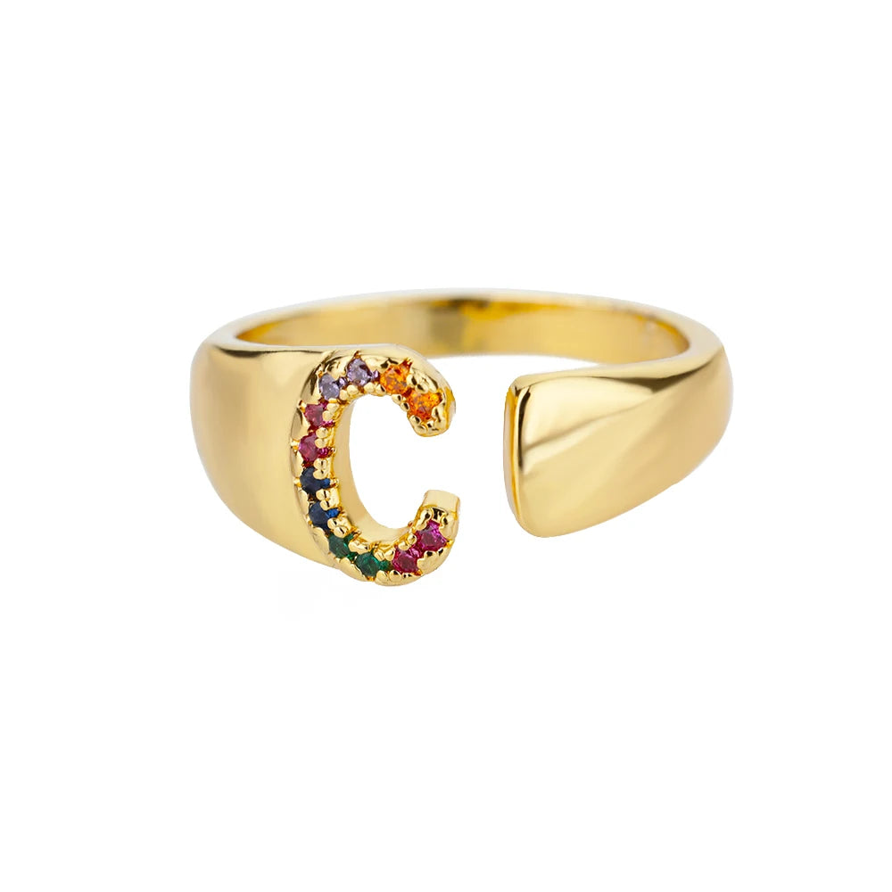 Rainbow Zircon Letter Rings For Women Fashion Chunky Wide Letter A-Z Stainless Steel Ring Wedding Boho Jewelry Gift 2024 - 02ALABA