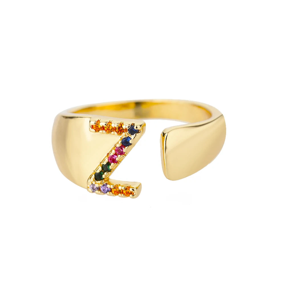Rainbow Zircon Letter Rings For Women Fashion Chunky Wide Letter A-Z Stainless Steel Ring Wedding Boho Jewelry Gift 2024 - 02ALABA