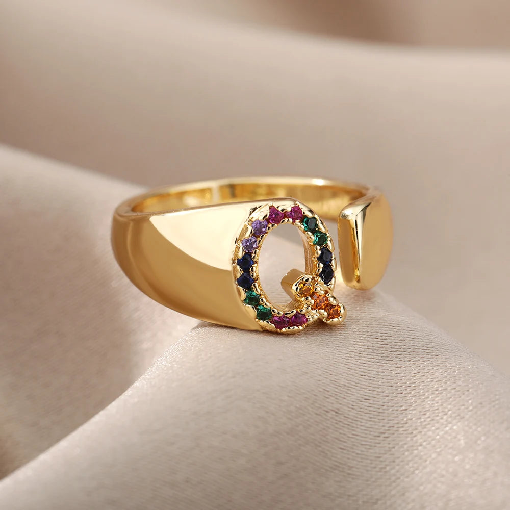 Rainbow Zircon Letter Rings For Women Fashion Chunky Wide Letter A-Z Stainless Steel Ring Wedding Boho Jewelry Gift 2024