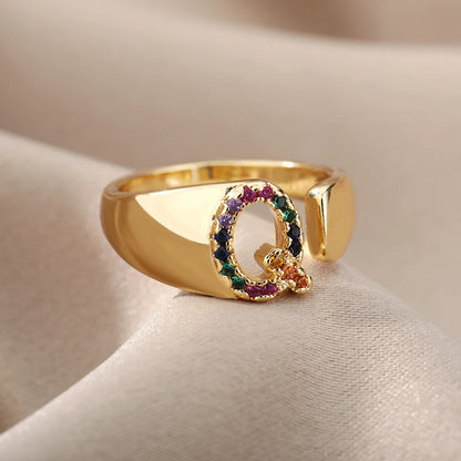 Rainbow Zircon Letter Rings For Women Fashion Chunky Wide Letter A-Z Stainless Steel Ring Wedding Boho Jewelry Gift 2024