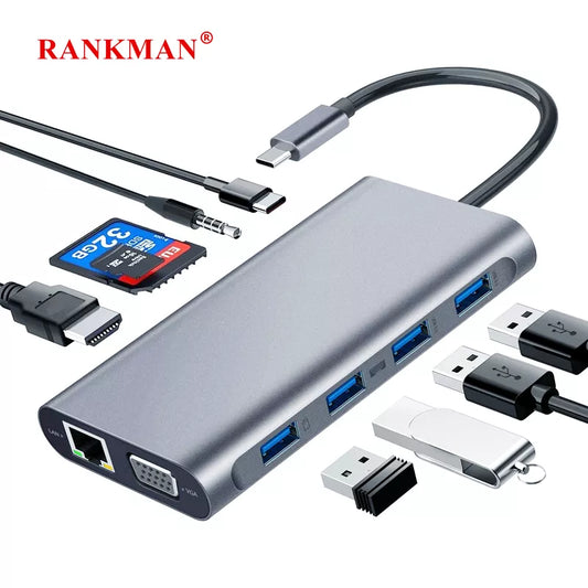 Rankman USB Type C Hub to RJ45 4K HDMI-Compatible VGA SD TF USB 3.0 2.0 PD Dock for MacBook iPad Samsung S21 Dex PS5 Nintendo - 02ALABA