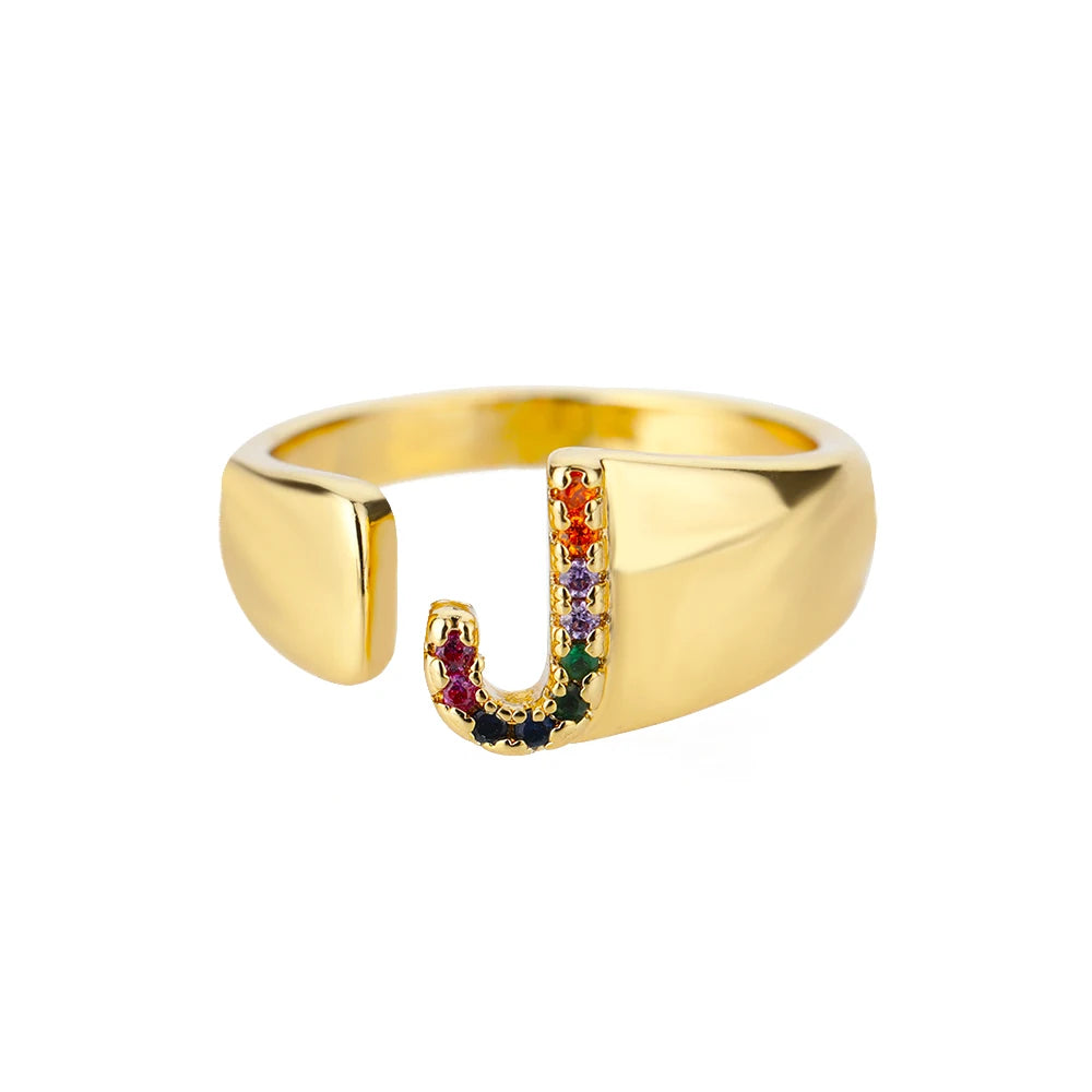 Rainbow Zircon Letter Rings For Women Fashion Chunky Wide Letter A-Z Stainless Steel Ring Wedding Boho Jewelry Gift 2024 - 02ALABA
