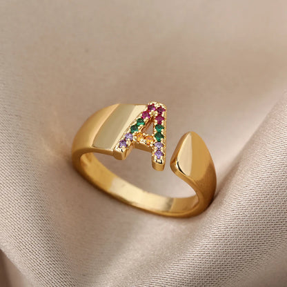 Rainbow Zircon Letter Rings For Women Fashion Chunky Wide Letter A-Z Stainless Steel Ring Wedding Boho Jewelry Gift 2024