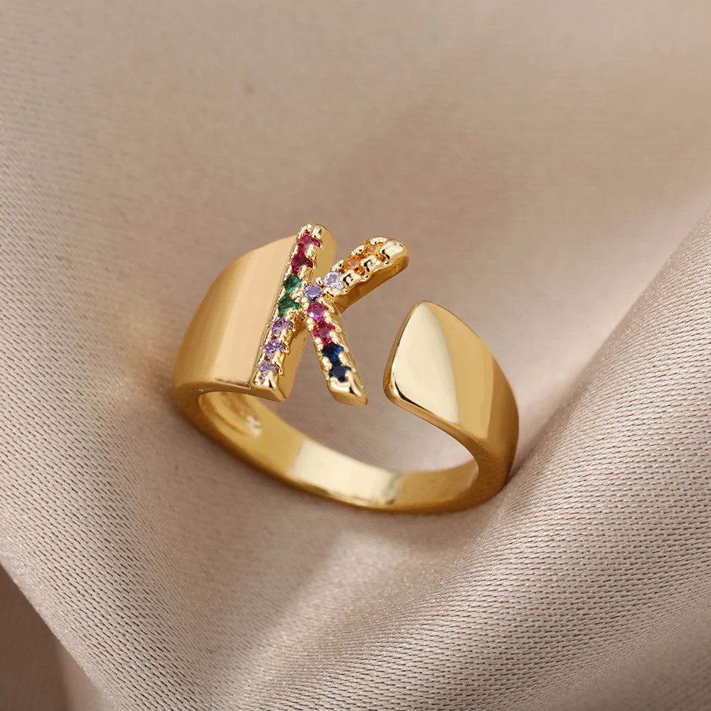 Rainbow Zircon Letter Rings For Women Fashion Chunky Wide Letter A-Z Stainless Steel Ring Wedding Boho Jewelry Gift 2024