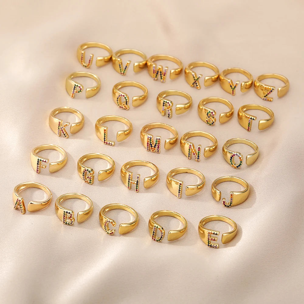 Rainbow Zircon Letter Rings For Women Fashion Chunky Wide Letter A-Z Stainless Steel Ring Wedding Boho Jewelry Gift 2024 - 02ALABA