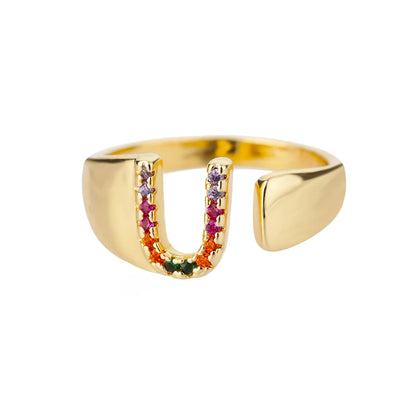 Rainbow Zircon Letter Rings For Women Fashion Chunky Wide Letter A-Z Stainless Steel Ring Wedding Boho Jewelry Gift 2024 - 02ALABA