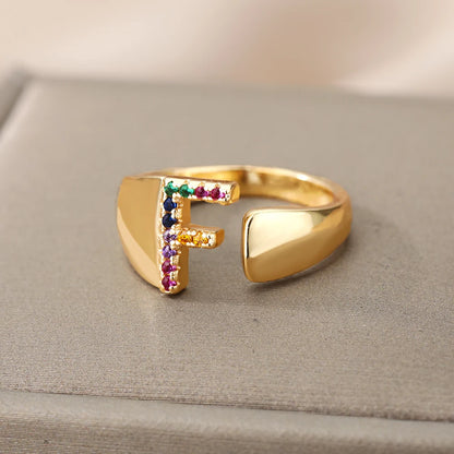 Rainbow Zircon Letter Rings For Women Fashion Chunky Wide Letter A-Z Stainless Steel Ring Wedding Boho Jewelry Gift 2024