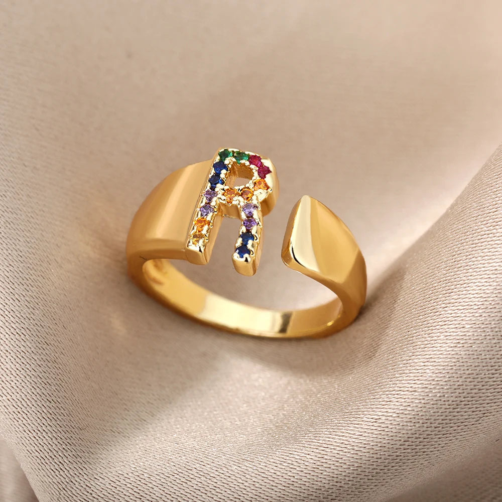Rainbow Zircon Letter Rings For Women Fashion Chunky Wide Letter A-Z Stainless Steel Ring Wedding Boho Jewelry Gift 2024