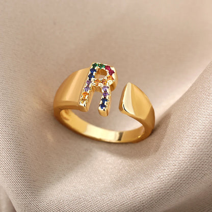 Rainbow Zircon Letter Rings For Women Fashion Chunky Wide Letter A-Z Stainless Steel Ring Wedding Boho Jewelry Gift 2024