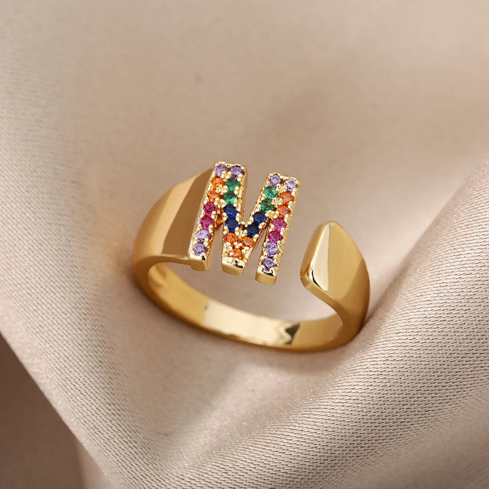 Rainbow Zircon Letter Rings For Women Fashion Chunky Wide Letter A-Z Stainless Steel Ring Wedding Boho Jewelry Gift 2024