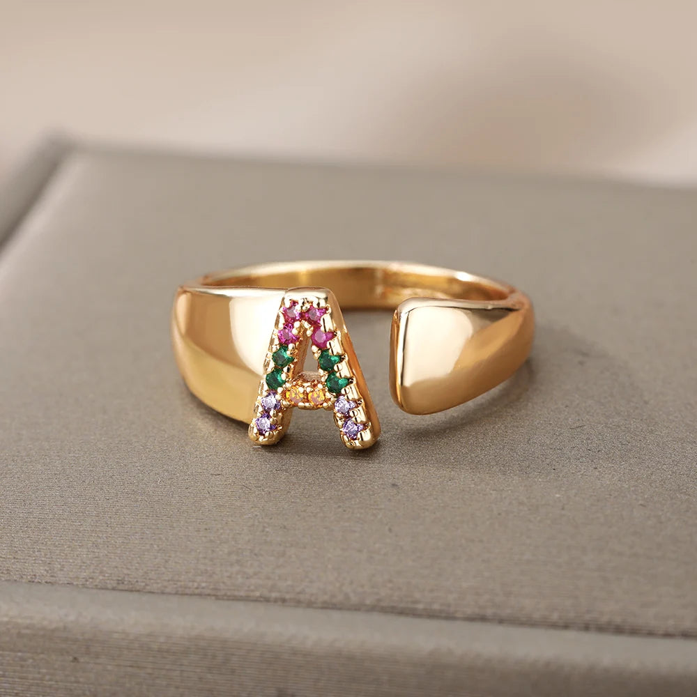 Rainbow Zircon Letter Rings For Women Fashion Chunky Wide Letter A-Z Stainless Steel Ring Wedding Boho Jewelry Gift 2024