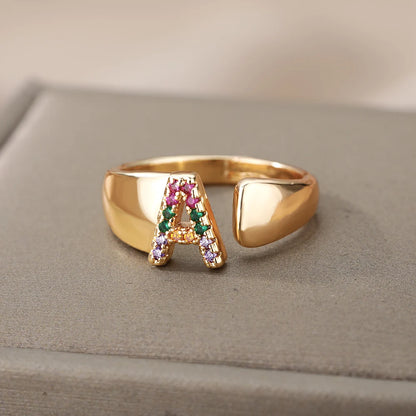 Rainbow Zircon Letter Rings For Women Fashion Chunky Wide Letter A-Z Stainless Steel Ring Wedding Boho Jewelry Gift 2024